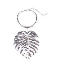High Fashion Palm Leaf Pendant Bold Design Women Bib Statement Necklace - Silver