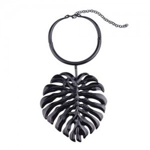 High Fashion Palm Leaf Pendant Bold Design Women Bib Statement Necklace - Black