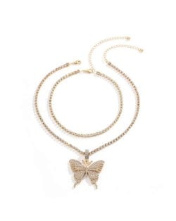 Rhinestone Butterfly Pendant Dual Layers Chain High Fashion Women Alloy Necklace - Golden
