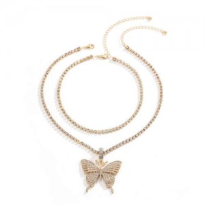 Rhinestone Butterfly Pendant Dual Layers Chain High Fashion Women Alloy Necklace - Golden
