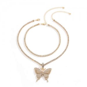 Rhinestone Butterfly Pendant Dual Layers Chain High Fashion Women Alloy Necklace - Golden