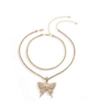 Rhinestone Butterfly Pendant Dual Layers Chain High Fashion Women Alloy Necklace - Golden