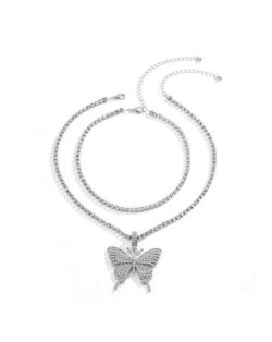 Rhinestone Butterfly Pendant Dual Layers Chain High Fashion Women Alloy Necklace - Silver