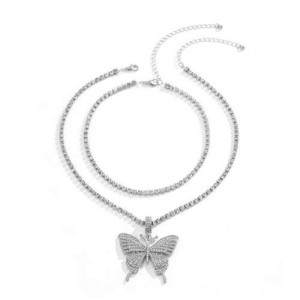 Rhinestone Butterfly Pendant Dual Layers Chain High Fashion Women Alloy Necklace - Silver