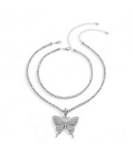 Rhinestone Butterfly Pendant Dual Layers Chain High Fashion Women Alloy Necklace - Silver