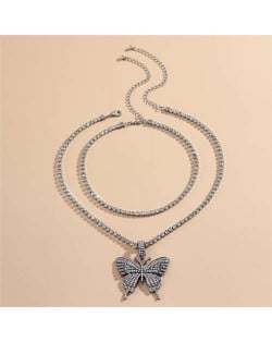 Rhinestone Butterfly Pendant Dual Layers Chain High Fashion Women Alloy Necklace - Gun Black