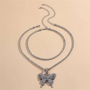 Rhinestone Butterfly Pendant Dual Layers Chain High Fashion Women Alloy Necklace - Gun Black