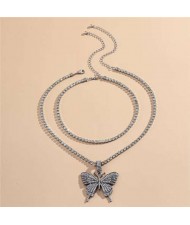 Rhinestone Butterfly Pendant Dual Layers Chain High Fashion Women Alloy Necklace - Gun Black