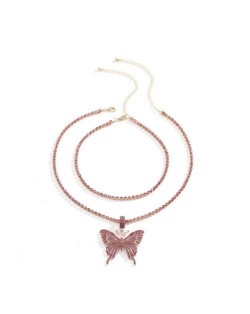 Rhinestone Butterfly Pendant Dual Layers Chain High Fashion Women Alloy Necklace - Pink