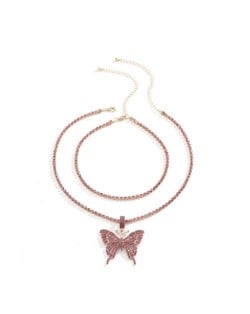 Rhinestone Butterfly Pendant Dual Layers Chain High Fashion Women Alloy Necklace - Pink