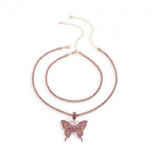 Rhinestone Butterfly Pendant Dual Layers Chain High Fashion Women Alloy Necklace - Pink