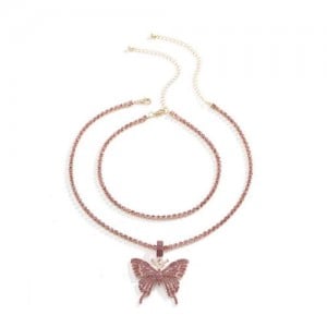 Rhinestone Butterfly Pendant Dual Layers Chain High Fashion Women Alloy Necklace - Pink