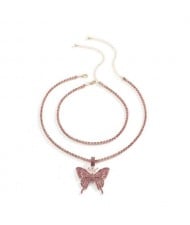 Rhinestone Butterfly Pendant Dual Layers Chain High Fashion Women Alloy Necklace - Pink