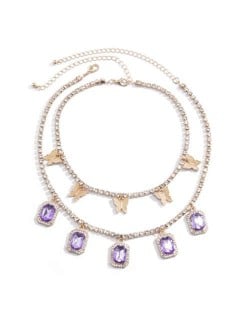 Butterflies and Gems Decorated Rhinestone Chain U.S. High Fashion Women Necklace - Purple