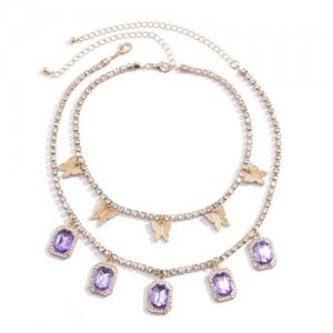 Butterflies and Gems Decorated Rhinestone Chain U.S. High Fashion Women Necklace - Purple