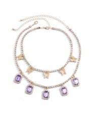 Butterflies and Gems Decorated Rhinestone Chain U.S. High Fashion Women Necklace - Purple