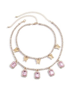 Butterflies and Gems Decorated Rhinestone Chain U.S. High Fashion Women Necklace - Pink