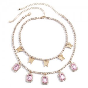 Butterflies and Gems Decorated Rhinestone Chain U.S. High Fashion Women Necklace - Pink