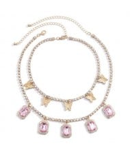 Butterflies and Gems Decorated Rhinestone Chain U.S. High Fashion Women Necklace - Pink