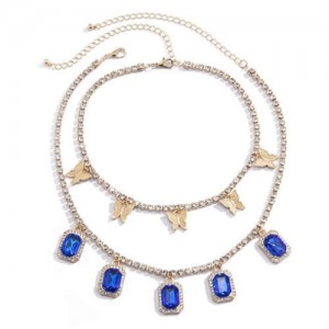 Butterflies and Gems Decorated Rhinestone Chain U.S. High Fashion Women Necklace - Blue