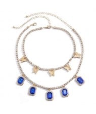 Butterflies and Gems Decorated Rhinestone Chain U.S. High Fashion Women Necklace - Blue