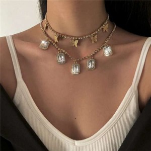 Butterflies and Gems Decorated Rhinestone Chain U.S. High Fashion Women Necklace - White
