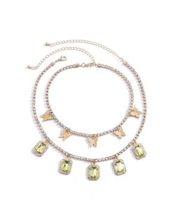 Butterflies and Gems Decorated Rhinestone Chain U.S. High Fashion Women Necklace - Olive