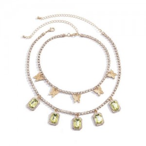 Butterflies and Gems Decorated Rhinestone Chain U.S. High Fashion Women Necklace - Olive