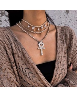 Peach Heart Cross Pendat Triple Layers Chain Design High Fashion Women Costume Wholesale Necklace - Golden