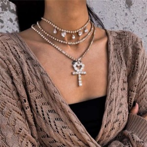 Peach Heart Cross Pendat Triple Layers Chain Design High Fashion Women Costume Wholesale Necklace - Golden