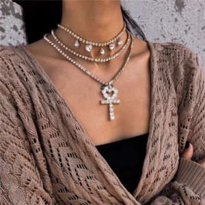 Peach Heart Cross Pendat Triple Layers Chain Design High Fashion Women Costume Wholesale Necklace - Golden