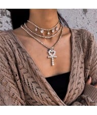 Peach Heart Cross Pendat Triple Layers Chain Design High Fashion Women Costume Wholesale Necklace - Golden
