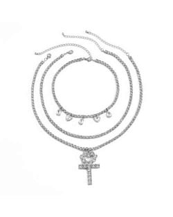 Peach Heart Cross Pendat Triple Layers Chain Design High Fashion Women Costume Wholesale Necklace - Silver