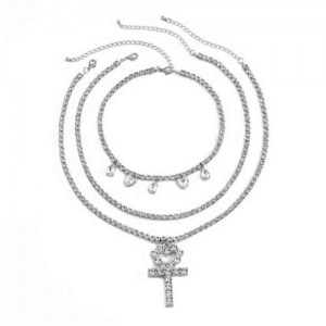 Peach Heart Cross Pendat Triple Layers Chain Design High Fashion Women Costume Wholesale Necklace - Silver