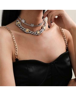 Gems Emebllished Cuban Chain Design 2pcs Butterflies Wholesale Necklaces Set