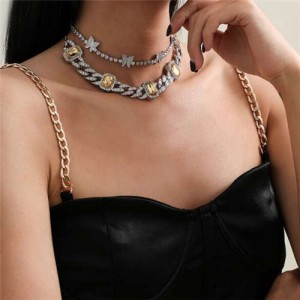 Gems Emebllished Cuban Chain Design 2pcs Butterflies Wholesale Necklaces Set