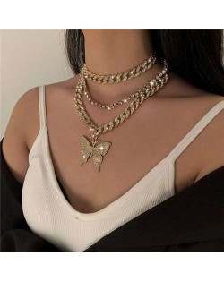 Hip Hop Fashion Butterfly Pendant Triple Layers Cuban Chain Design Women Bib Statement Necklace - Golden