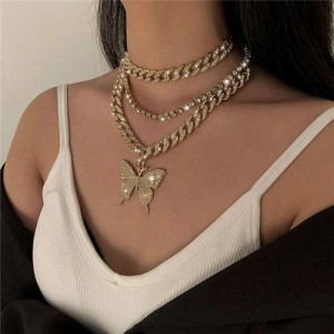 Hip Hop Fashion Butterfly Pendant Triple Layers Cuban Chain Design Women Bib Statement Necklace - Golden