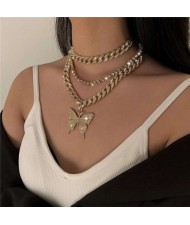 Hip Hop Fashion Butterfly Pendant Triple Layers Cuban Chain Design Women Bib Statement Necklace - Golden