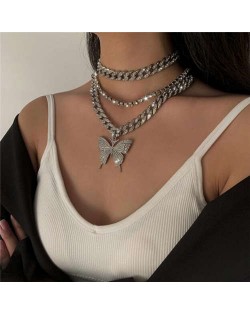 Hip Hop Fashion Butterfly Pendant Triple Layers Cuban Chain Design Women Bib Statement Necklace - Silver