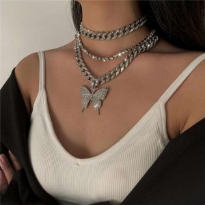 Hip Hop Fashion Butterfly Pendant Triple Layers Cuban Chain Design Women Bib Statement Necklace - Silver
