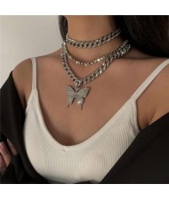 Hip Hop Fashion Butterfly Pendant Triple Layers Cuban Chain Design Women Bib Statement Necklace - Silver