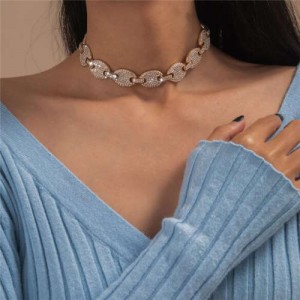 Rhinestone All-over Button Chain Graceful Design Women Choker Necklace - Golden