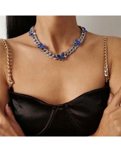 Mini Butterflies Decorated Cuban Chain Chunky Design Women High Fashion Statement Necklace - Silver and Blue