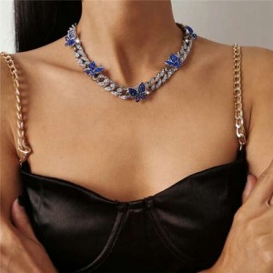 Mini Butterflies Decorated Cuban Chain Chunky Design Women High Fashion Statement Necklace - Silver and Blue