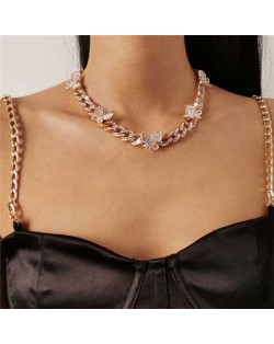 Mini Butterflies Decorated Cuban Chain Chunky Design Women High Fashion Statement Necklace - Golden and White