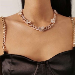Mini Butterflies Decorated Cuban Chain Chunky Design Women High Fashion Statement Necklace - Golden and White