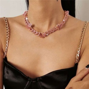 Mini Butterflies Decorated Cuban Chain Chunky Design Women High Fashion Statement Necklace - Rose Gold and Pink