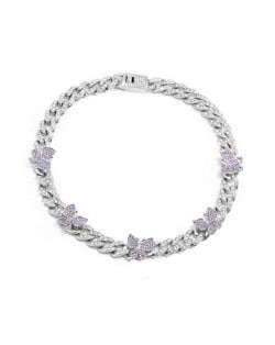 Mini Butterflies Decorated Cuban Chain Chunky Design Women High Fashion Statement Necklace - Silver and Violet