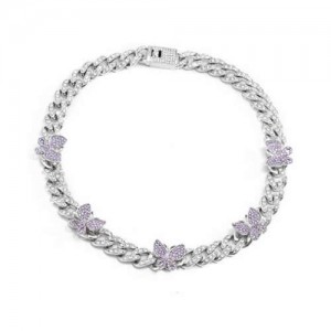 Mini Butterflies Decorated Cuban Chain Chunky Design Women High Fashion Statement Necklace - Silver and Violet